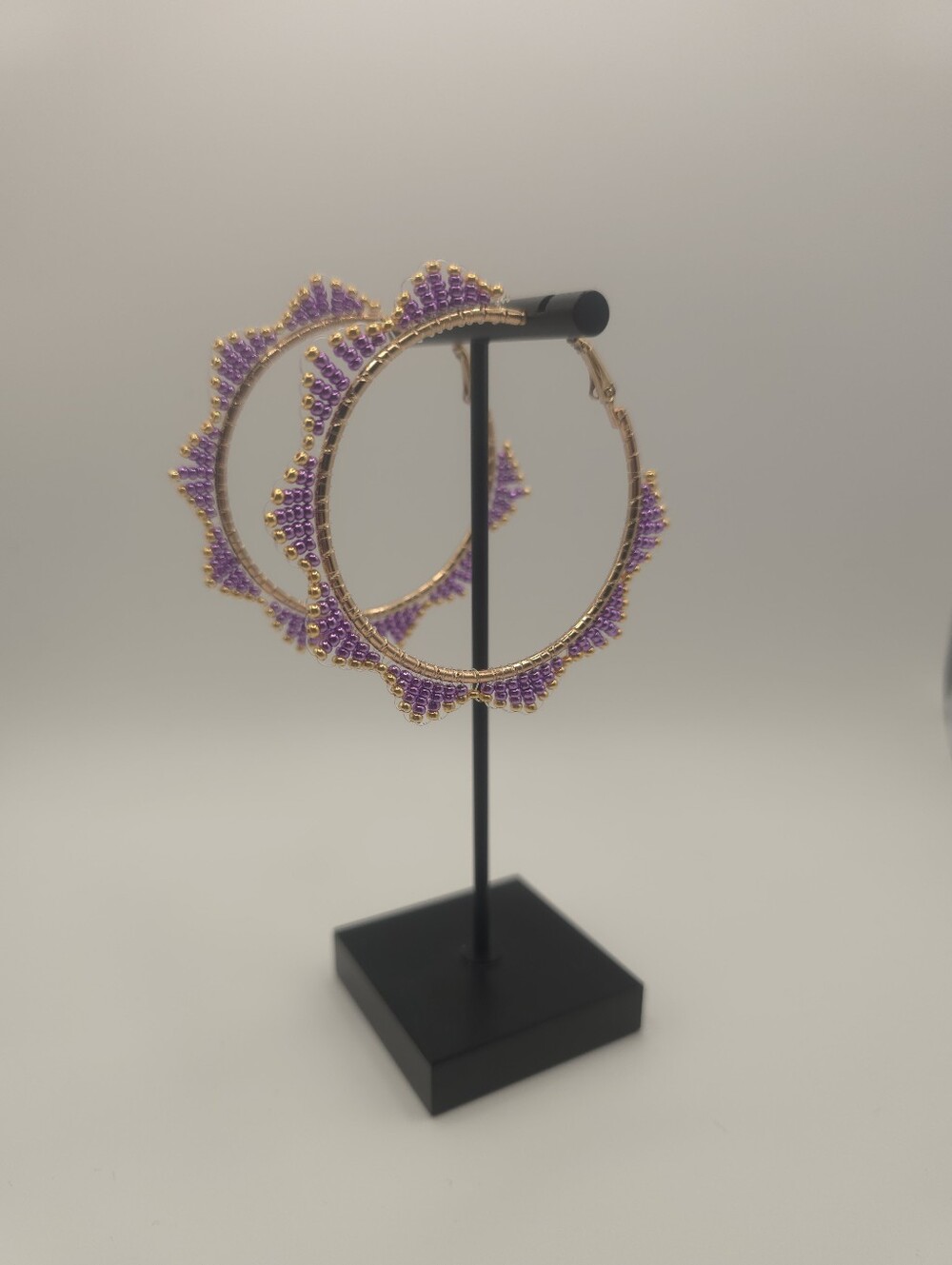 Hand Crafted Gold Hoop Earrings with Purple And Gold Beading